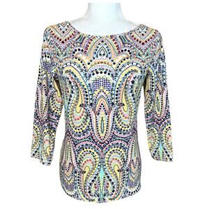Talbots Bateau Neck Soft Tee in Dotted Paisley 3/4 Sleeve Size S Cotton Multi